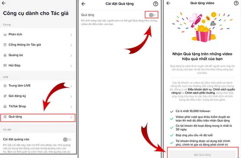 Cách bật quà tặng TikTok trong video